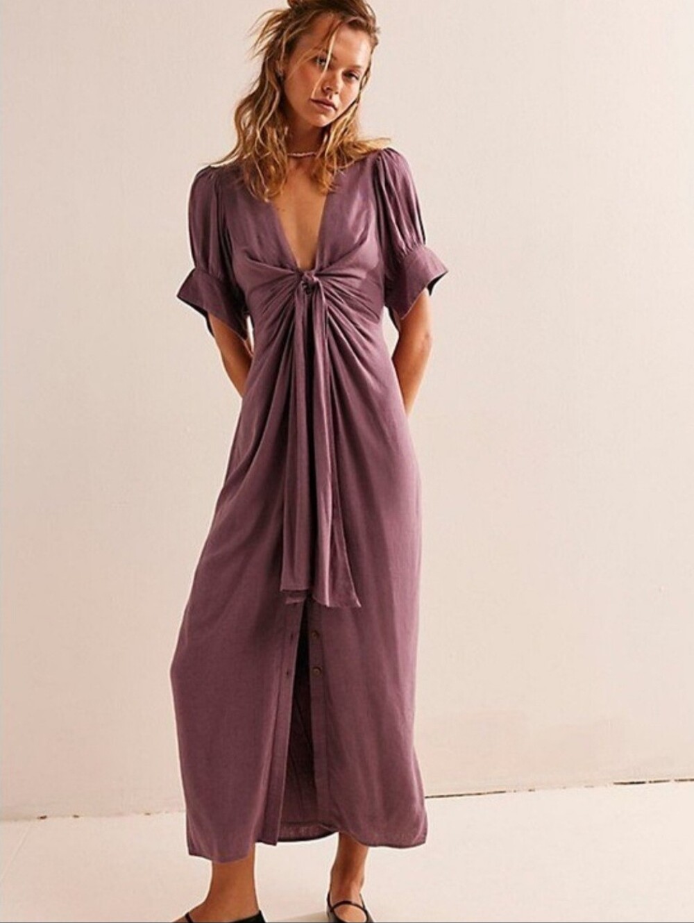 Free People Dusty Mauve Tie Front Midi Dress NWT.
